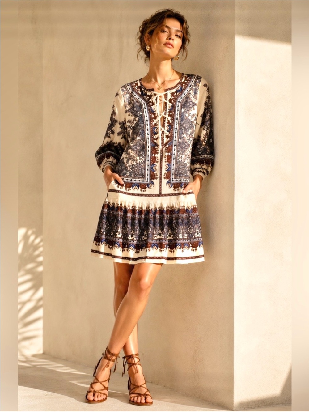 House of Harlow 1960 Cream and Navy Paisley Mini Dress